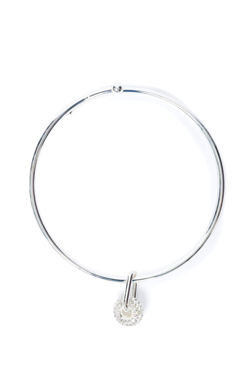 Silver necklace with a small round pendant on a white background