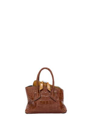 Multi-brown croc handbag on a white background