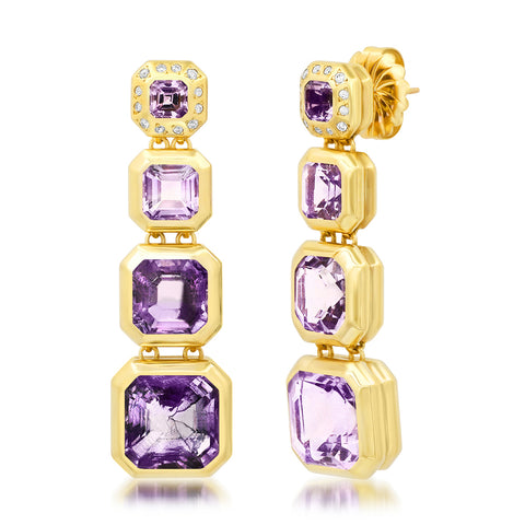 Yellow gold earrings with 4 amethysts and diamond detailing