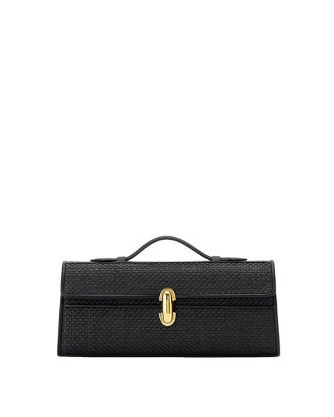 Black handbag with a gold clasp on a white background
