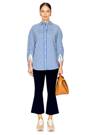 Striped OS Shirt With Cascade Drape Sleeve