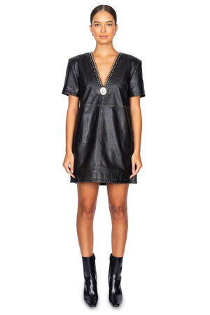 Studded Leather V-Neck T-Shirt Dress