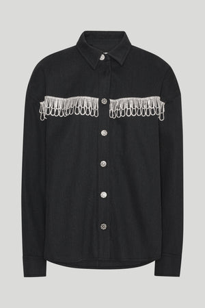 Ghost image of the anni shirt in black with crystal fringe detail.