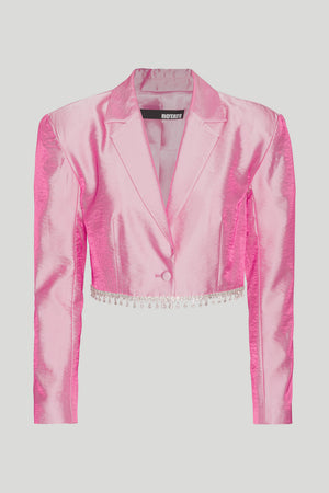 Ghost image of the fiola blazer in jacquard pink with crystal fringe detail on the hem.
