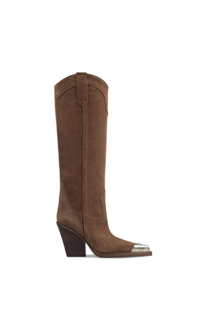 Brown suede knee-high western boot with a block heel and silver embellished toe cap. 