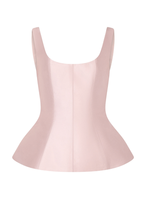 Ghost image of light pink satin peplum tank top. 