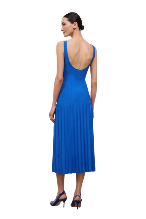 A woman shown from the back wearing a bright blue sleeveless midi dress with a deep V back and pleated skirt, paired with dark blue high heels, against a plain white background.