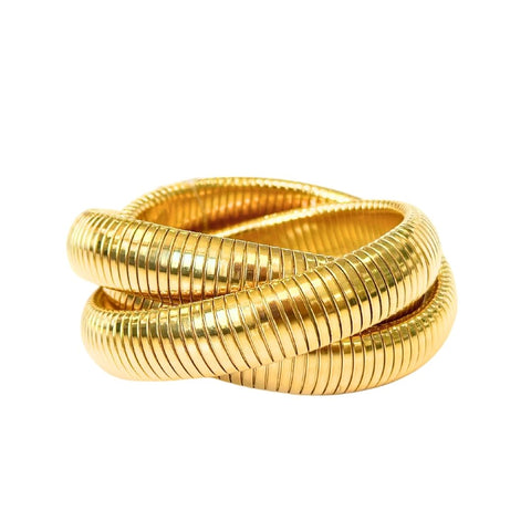 Gold coil interlocked bracelets.