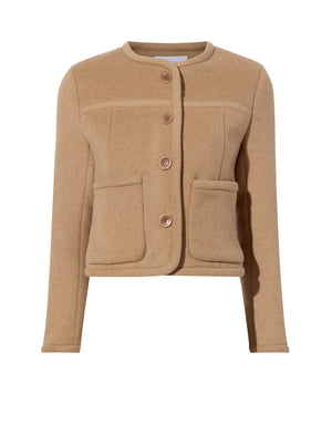 Ghost image of the melton double face jacket in camel with two front pockets.