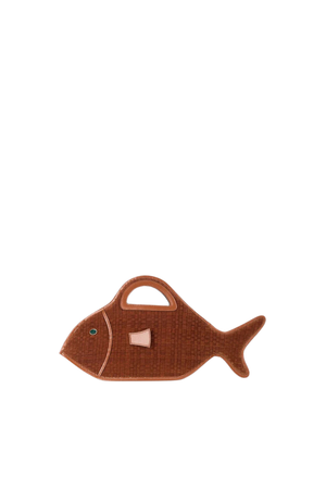 A small fish-shaped brown textured accessory with a loop at the top and a pale pink accent on the side, shown on a plain white background.