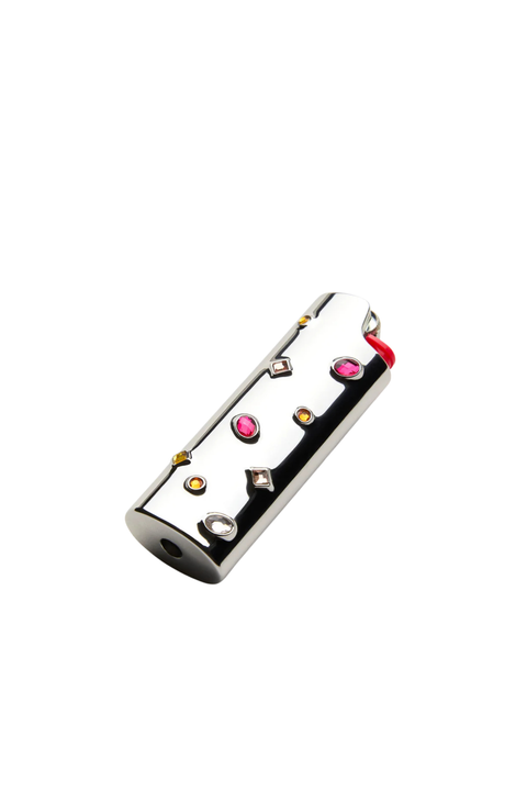 silver lighter case with small pink, orange, and clear gemstones