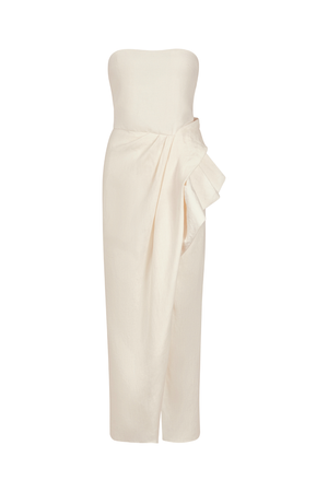 An off-white strapless ankle-length dress with a draped wrap detail at the waist, displayed on a clean white background.