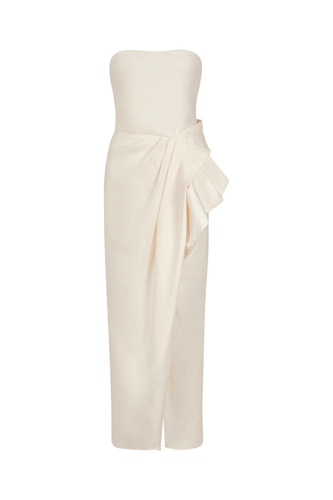 An off-white strapless ankle-length dress with a draped wrap detail at the waist, displayed on a clean white background.