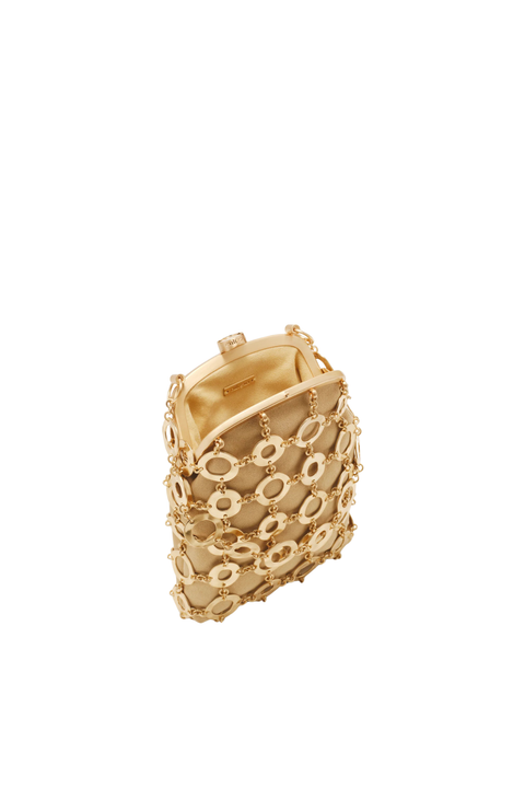 A gold-toned metal cuff bracelet featuring a textured, openwork pattern of interlocking oval links, shown on a plain white background.