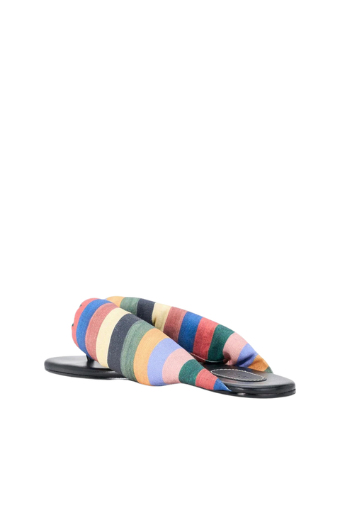 A puffy flip flop with a rainbow striped thong