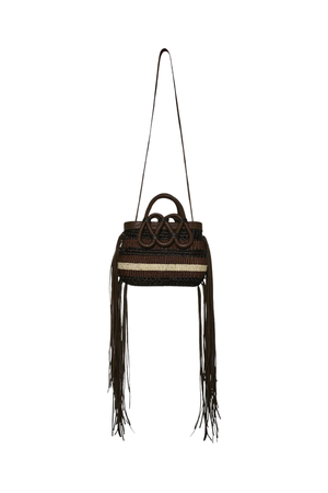 A small woven handbag with stripes and tassels on each side. Has a crossbody strap and woven handles