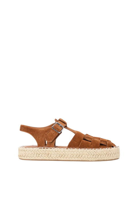 Brown sandal with espadrille sole on a white background