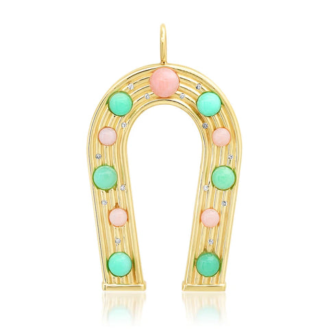 Gold horseshoe-shaped pendant with colorful beads on a white background