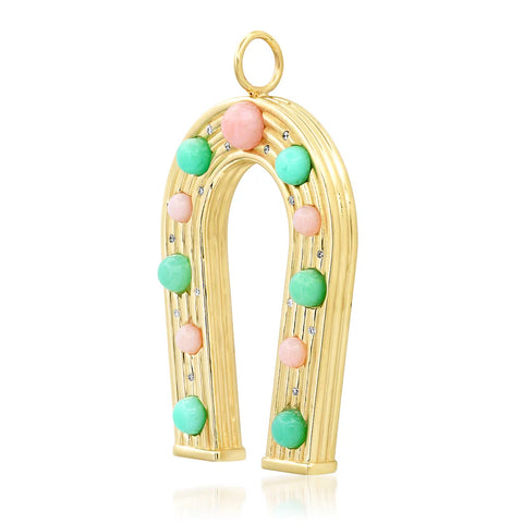 Gold horseshoe-shaped pendant with colorful beads on a white background
