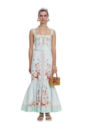Mint Floral Linen Midi Dress