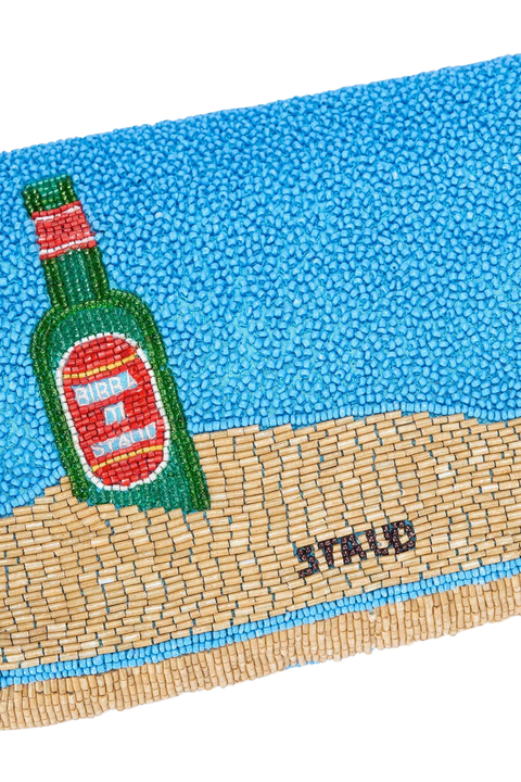 Beaded clutch shoulder bag with a bottle design on a blue and beige background