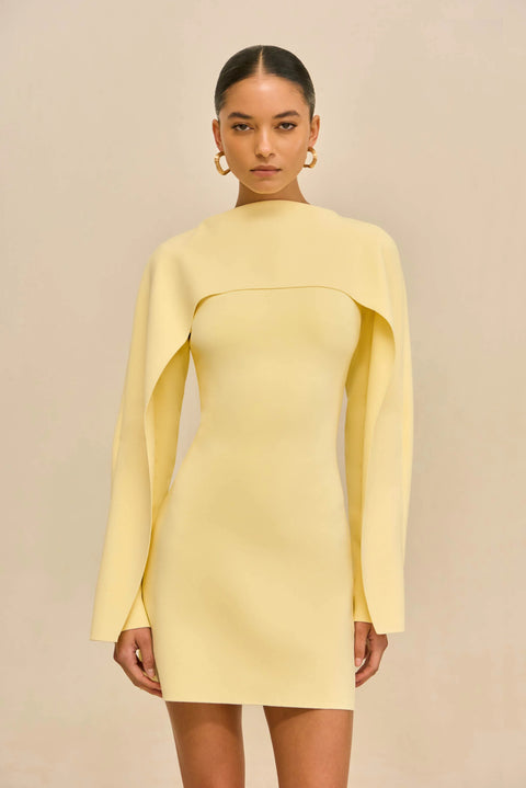 Zoomed in photo of woman wearing a yellow dress holding a woven handbag against a beige background.