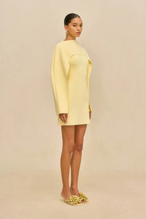Woman wearing a yellow dress holding a woven handbag against a beige background from the side view.