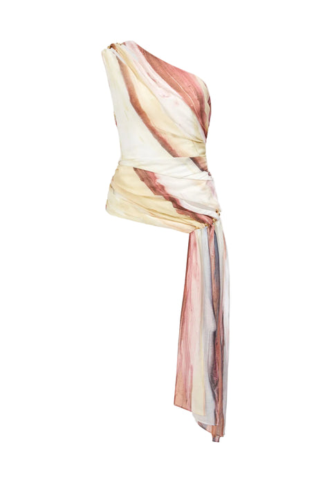 One-shoulder dress with multicolor pattern on a light gray background