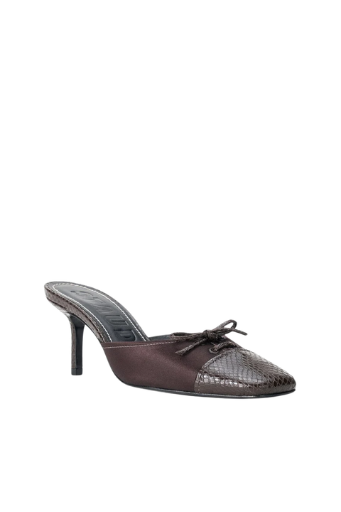 A single dark brown mule heel with a textured python-patterned toe cap, and a small bow detail on the vamp, shown against a plain white background.