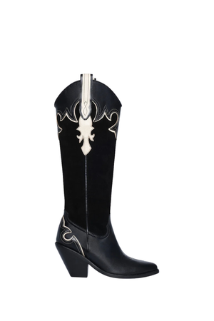 Black cowboy boot with white embroidery on a light beige background