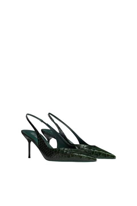 A pair of dark green pointed-toe slingback pumps with a crocodile-embossed texture, shown against a plain white background.