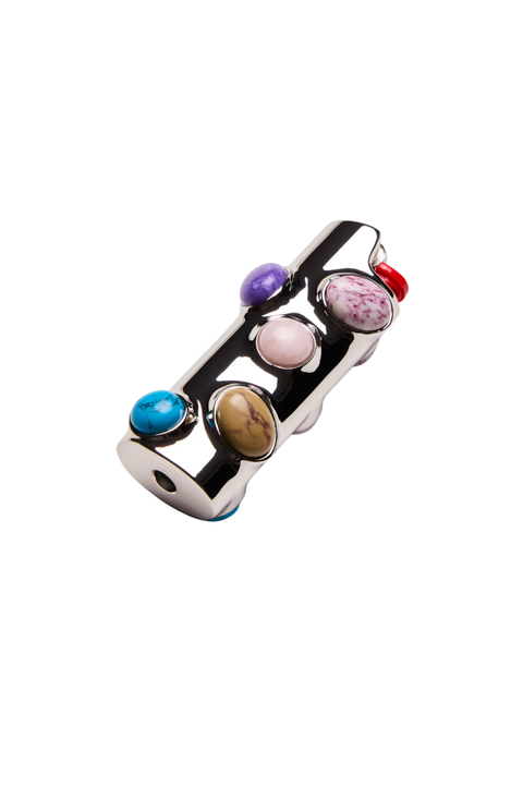 Silver lighter case with multi-colored gemstones