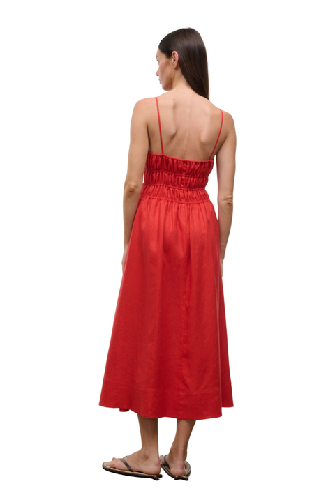 A woman shown from the back wearing a red midi dress with thin straps and a smocked waist, standing against a plain white background.