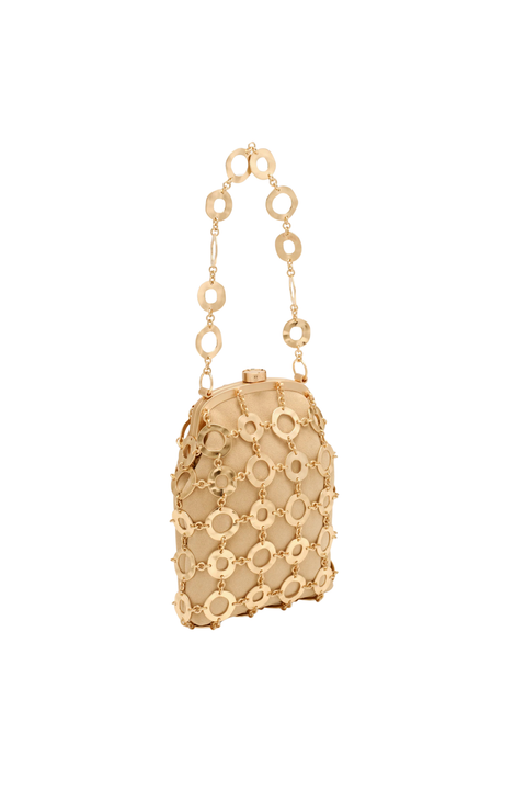 A gold metallic mesh clutch bag with a chain-link handle, shown against a plain white background.