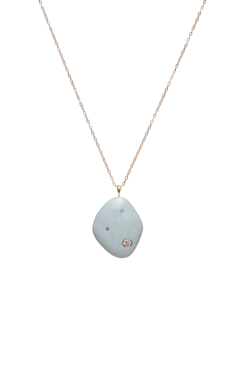 Necklace with a light blue pendant and diamonds on a white background.
