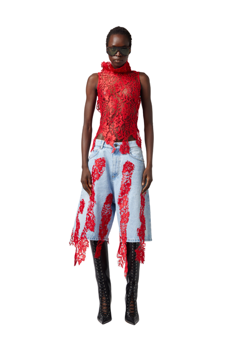 Denim Trousers With Lace Detail