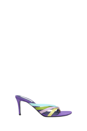 A single purple high-heeled mule sandal with colorful diagonal straps in light blue, green, pink, and yellow, shown from a side profile on a plain white background.