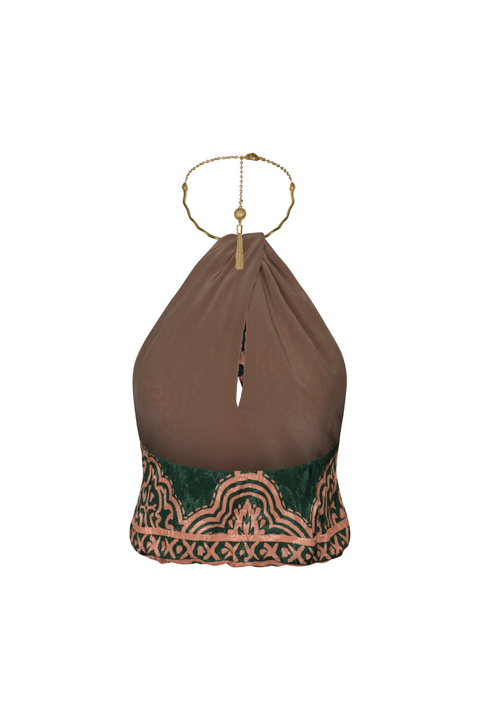 The back of a backless green and salmon halter-top with a cutout detail and metal brass neck