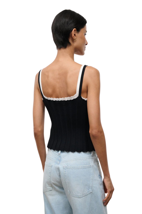 A woman shown from the back wearing a black ribbed tank top paired with light blue denim jeans