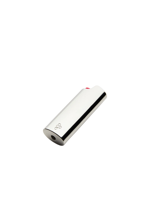 silver lighter case with small pink, orange, and clear gemstones