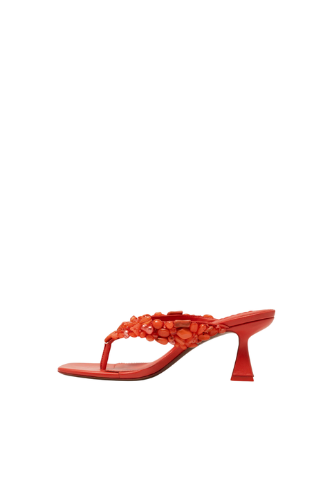 Orange red heeled thong flip flop sandal with beaded embellishments side angle