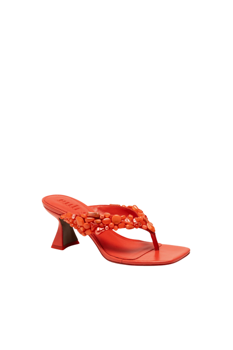 Orange red heeled thong flip flop sandal with beaded embellishments close up