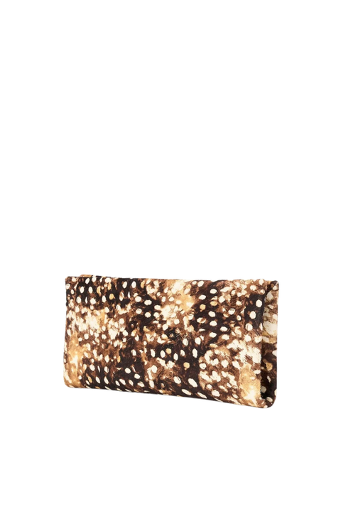 A small rectangular clutch bag with an all-over abstract spotted pattern in brown, beige, and cream, shown on a plain white background.