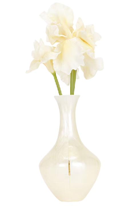A small glossy white ceramic vase with a rounded base, holding three pale cream artificial flowers with green stems, isolated on a white background.