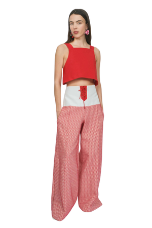A woman wearing a red sleeveless crop top on a white background