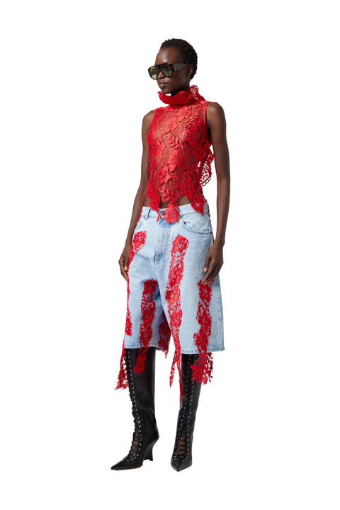 Denim Trousers With Lace Detail