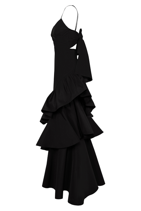 A black halter-neck dress with a tiered ruffled skirt and side cutouts, displayed on a headless mannequin against a plain white background.