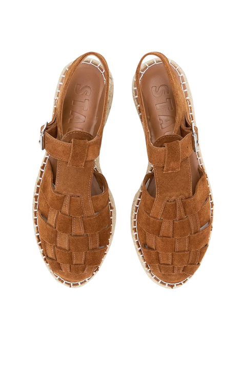 A pair of brown woven leather espadrille sandals with braided jute soles, shown from a top-down view on a white background.