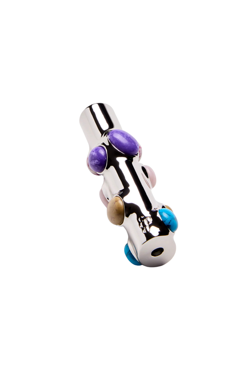 Silver lighter case with multi-colored gemstones