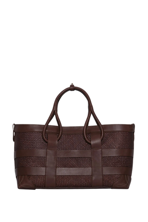 A dark brown woven leather tote bag with two top handles, shown against a plain white background.